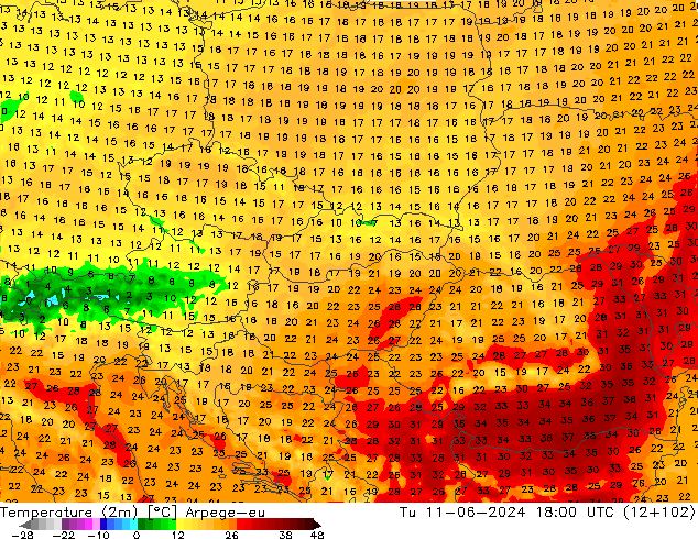 Temperature (2m) Arpege-eu Út 11.06.2024 18 UTC