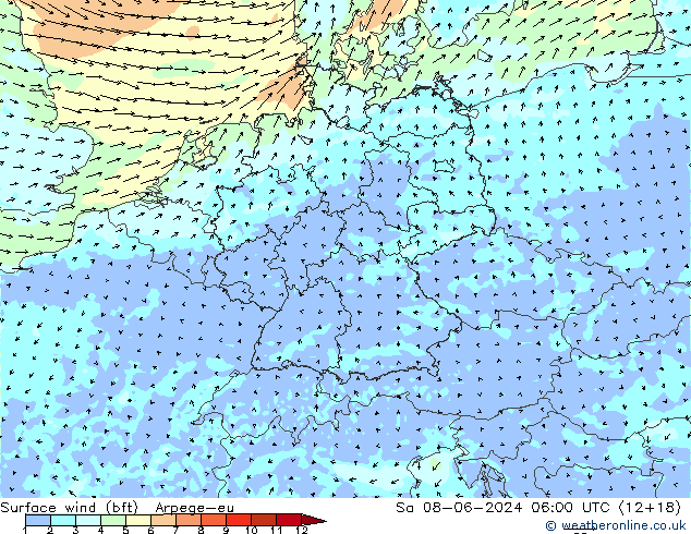 Surface wind (bft) Arpege-eu So 08.06.2024 06 UTC