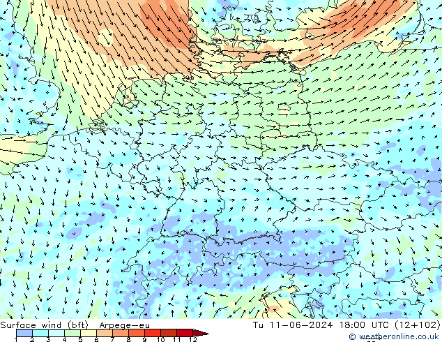 Surface wind (bft) Arpege-eu Tu 11.06.2024 18 UTC