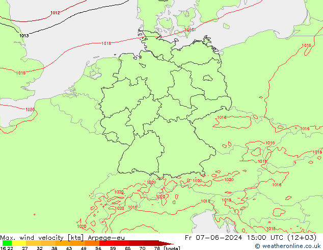 Max. wind velocity Arpege-eu  07.06.2024 15 UTC