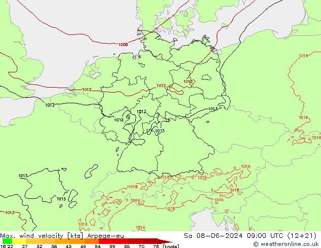 Max. wind velocity Arpege-eu sáb 08.06.2024 09 UTC