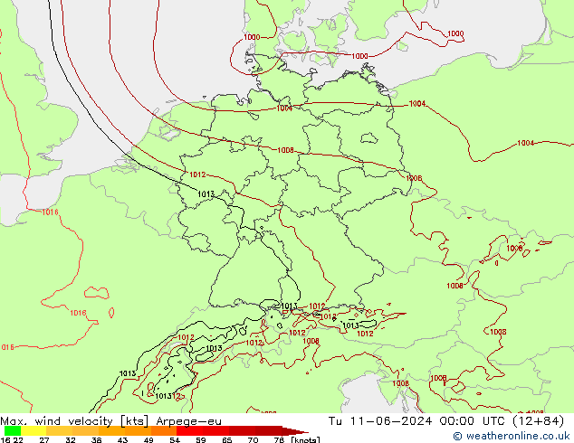 Max. wind snelheid Arpege-eu di 11.06.2024 00 UTC