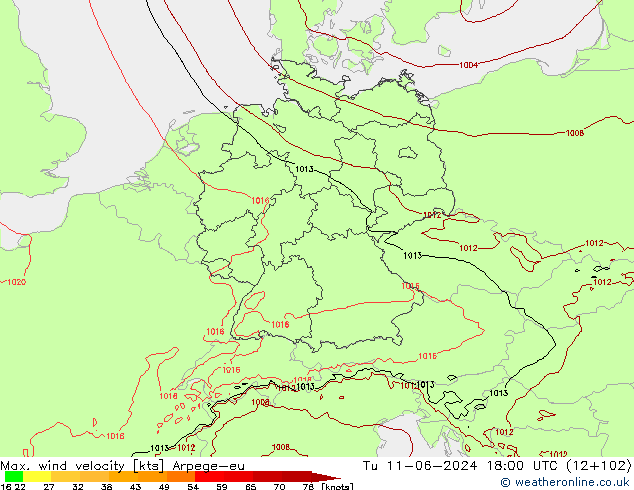 Max. wind velocity Arpege-eu Út 11.06.2024 18 UTC