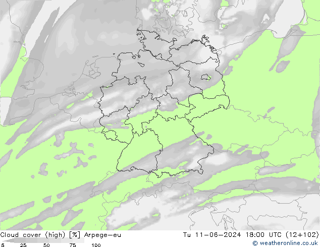 Cloud cover (high) Arpege-eu Tu 11.06.2024 18 UTC