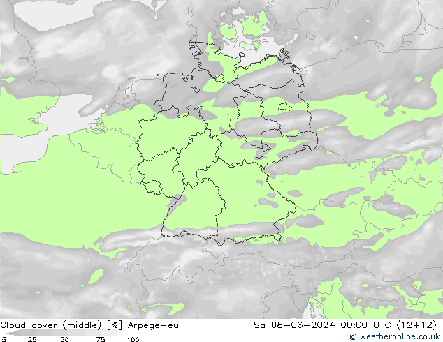 Cloud cover (middle) Arpege-eu Sa 08.06.2024 00 UTC