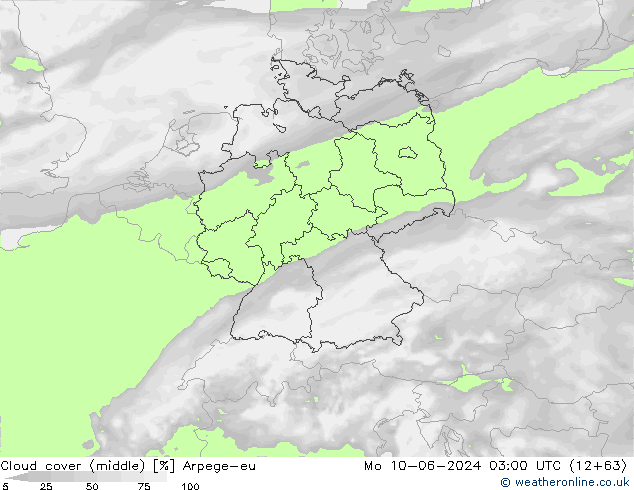 Cloud cover (middle) Arpege-eu Mo 10.06.2024 03 UTC