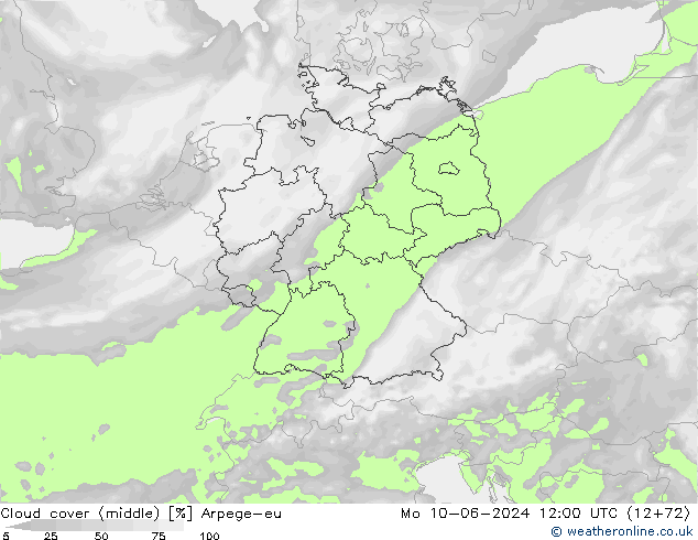 Cloud cover (middle) Arpege-eu Mo 10.06.2024 12 UTC