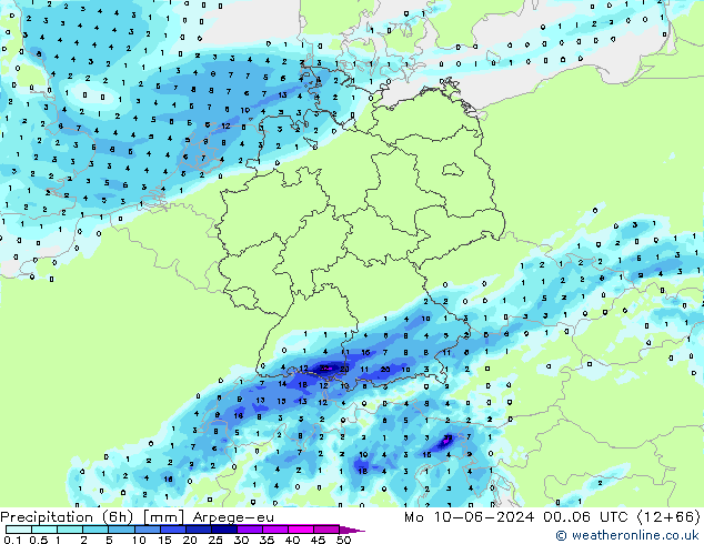 Totale neerslag (6h) Arpege-eu ma 10.06.2024 06 UTC