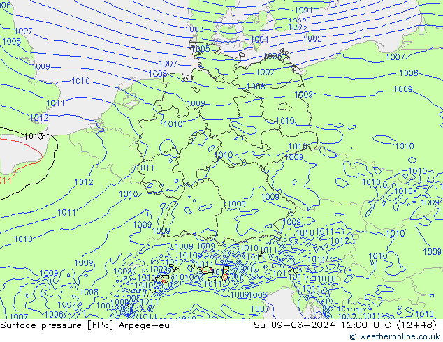 Pressione al suolo Arpege-eu dom 09.06.2024 12 UTC