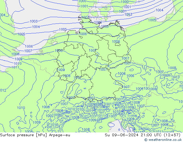 Luchtdruk (Grond) Arpege-eu zo 09.06.2024 21 UTC