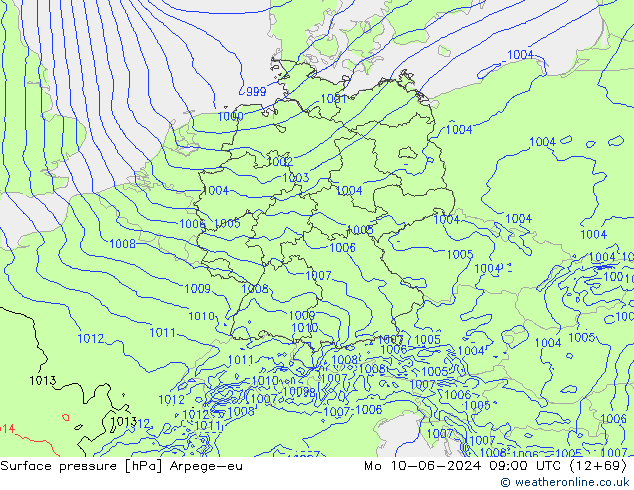 Atmosférický tlak Arpege-eu Po 10.06.2024 09 UTC