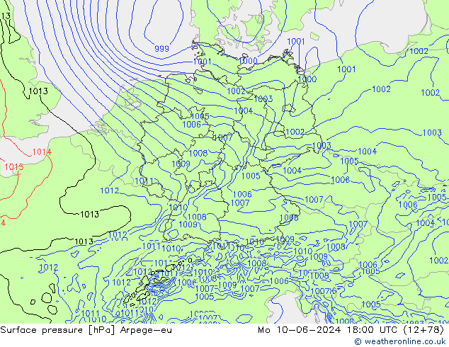 Surface pressure Arpege-eu Mo 10.06.2024 18 UTC