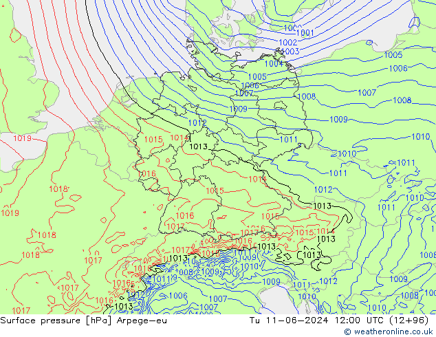 Surface pressure Arpege-eu Tu 11.06.2024 12 UTC