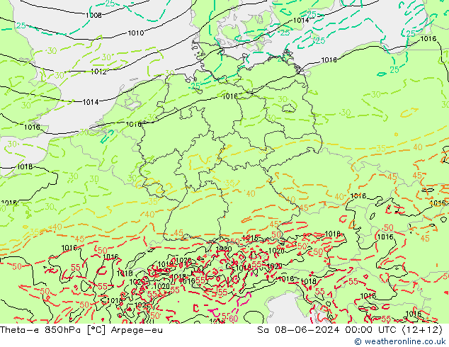 Theta-e 850hPa Arpege-eu Sa 08.06.2024 00 UTC