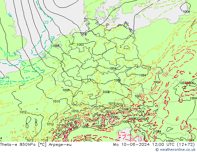 Theta-e 850hPa Arpege-eu Mo 10.06.2024 12 UTC