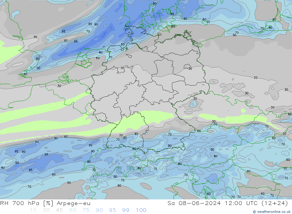 RH 700 hPa Arpege-eu Sa 08.06.2024 12 UTC