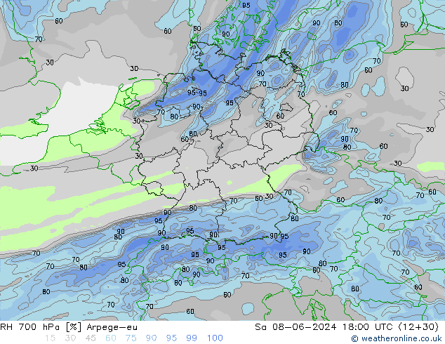 RH 700 hPa Arpege-eu Sáb 08.06.2024 18 UTC