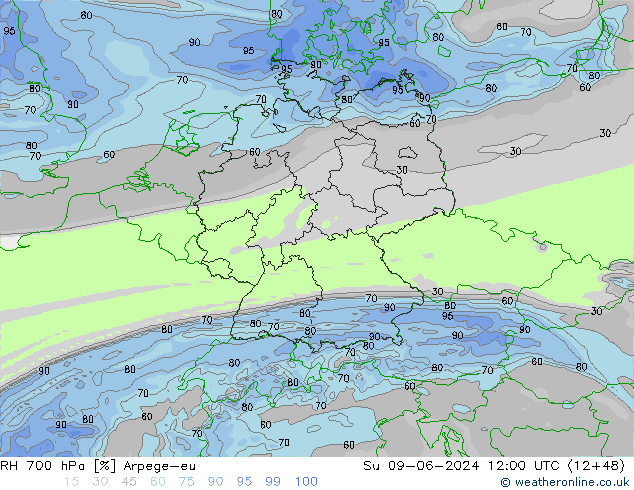 RH 700 hPa Arpege-eu Su 09.06.2024 12 UTC