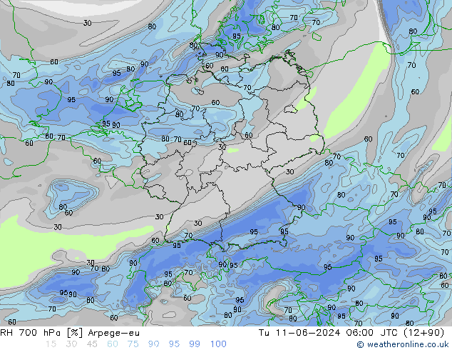 RH 700 hPa Arpege-eu Tu 11.06.2024 06 UTC