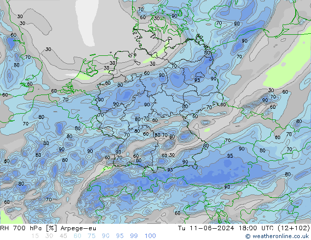 Humidité rel. 700 hPa Arpege-eu mar 11.06.2024 18 UTC