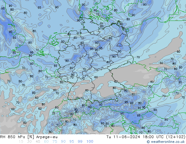 Humidité rel. 850 hPa Arpege-eu mar 11.06.2024 18 UTC