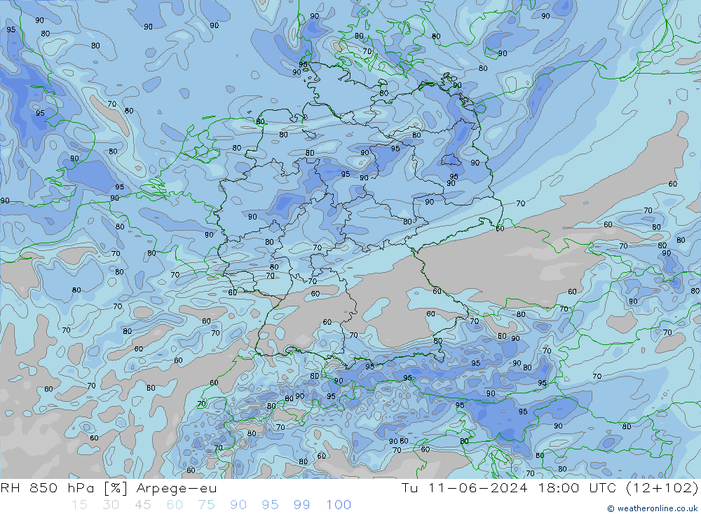 RH 850 hPa Arpege-eu mar 11.06.2024 18 UTC