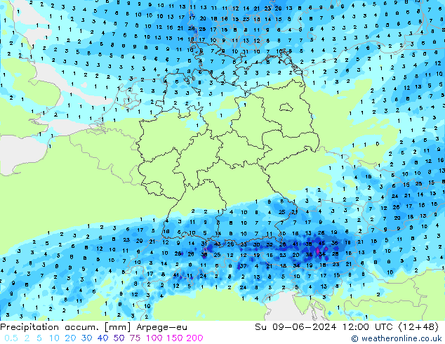 Precipitation accum. Arpege-eu Dom 09.06.2024 12 UTC