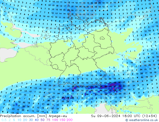 Precipitation accum. Arpege-eu Ne 09.06.2024 18 UTC