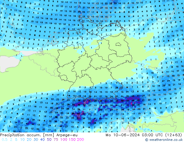 Precipitation accum. Arpege-eu Mo 10.06.2024 03 UTC