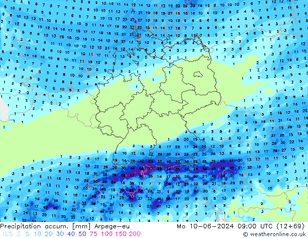 Precipitation accum. Arpege-eu lun 10.06.2024 09 UTC