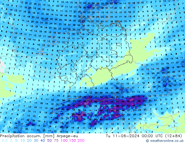 Totale neerslag Arpege-eu di 11.06.2024 00 UTC