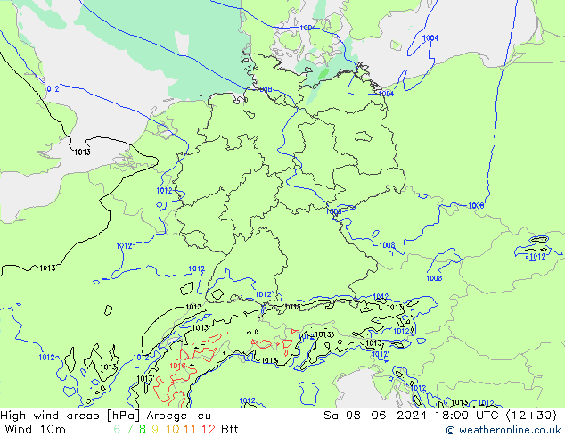 High wind areas Arpege-eu So 08.06.2024 18 UTC