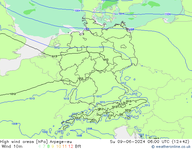 High wind areas Arpege-eu Su 09.06.2024 06 UTC