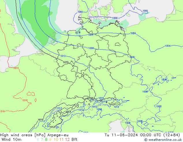 High wind areas Arpege-eu Út 11.06.2024 00 UTC