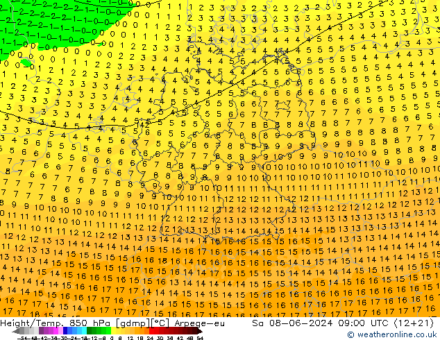 Géop./Temp. 850 hPa Arpege-eu sam 08.06.2024 09 UTC