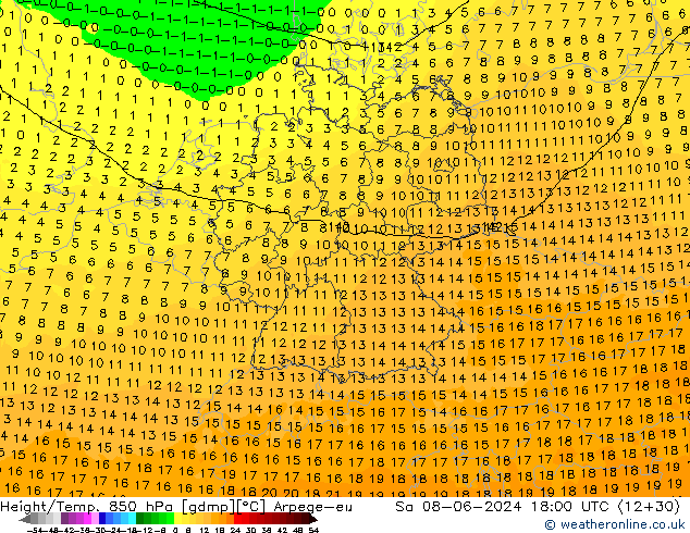 Hoogte/Temp. 850 hPa Arpege-eu za 08.06.2024 18 UTC