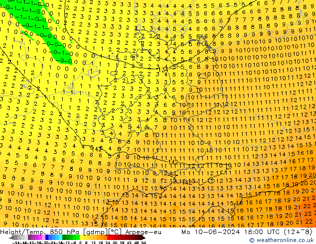 Height/Temp. 850 hPa Arpege-eu Mo 10.06.2024 18 UTC