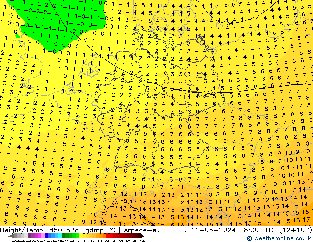 Géop./Temp. 850 hPa Arpege-eu mar 11.06.2024 18 UTC