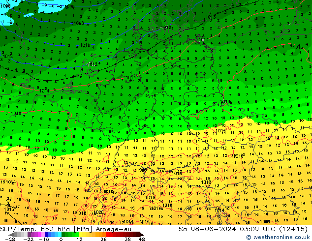 SLP/Temp. 850 hPa Arpege-eu sab 08.06.2024 03 UTC