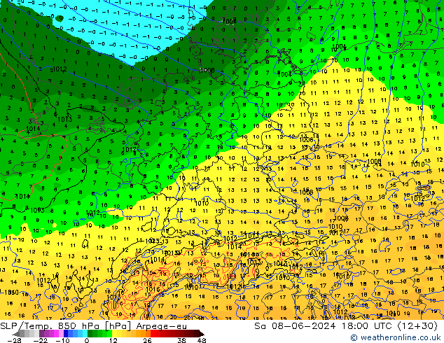 SLP/Temp. 850 hPa Arpege-eu so. 08.06.2024 18 UTC