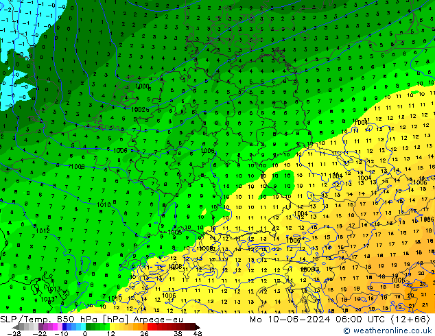 SLP/Temp. 850 hPa Arpege-eu lun 10.06.2024 06 UTC