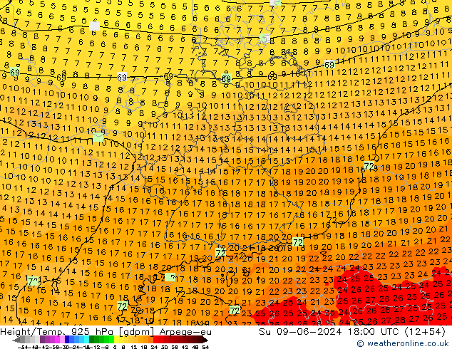 Geop./Temp. 925 hPa Arpege-eu dom 09.06.2024 18 UTC