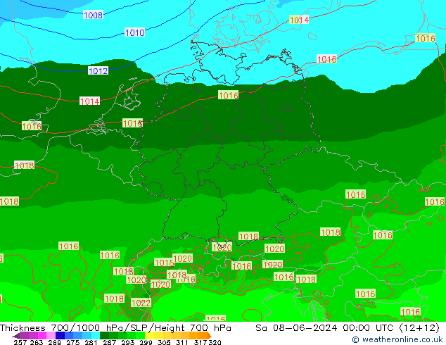 Schichtdicke 700-1000 hPa Arpege-eu Sa 08.06.2024 00 UTC