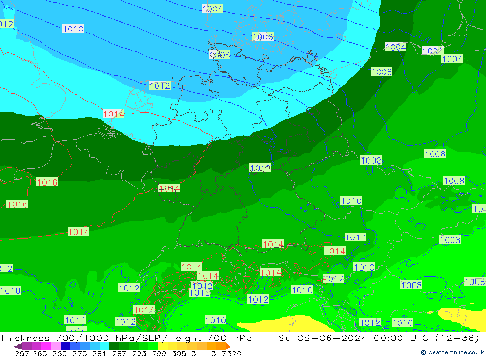 Thck 700-1000 hPa Arpege-eu dim 09.06.2024 00 UTC