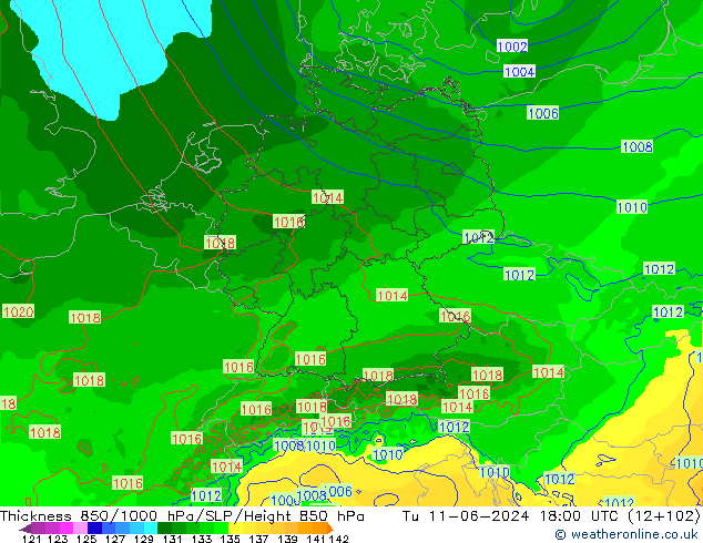 Schichtdicke 850-1000 hPa Arpege-eu Di 11.06.2024 18 UTC