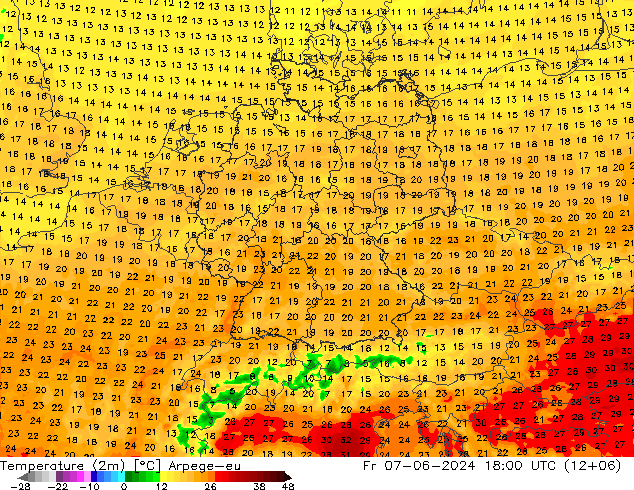 mapa temperatury (2m) Arpege-eu pt. 07.06.2024 18 UTC