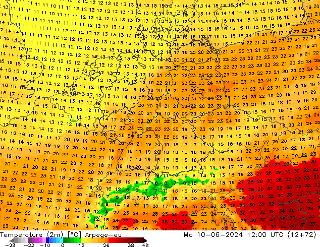 Temperature (2m) Arpege-eu Mo 10.06.2024 12 UTC