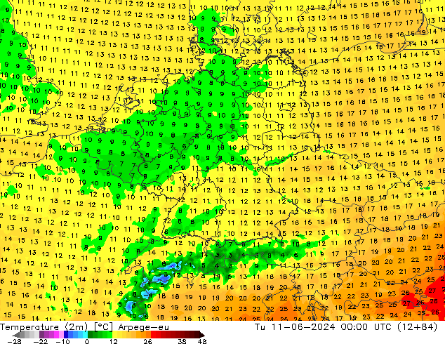 mapa temperatury (2m) Arpege-eu wto. 11.06.2024 00 UTC