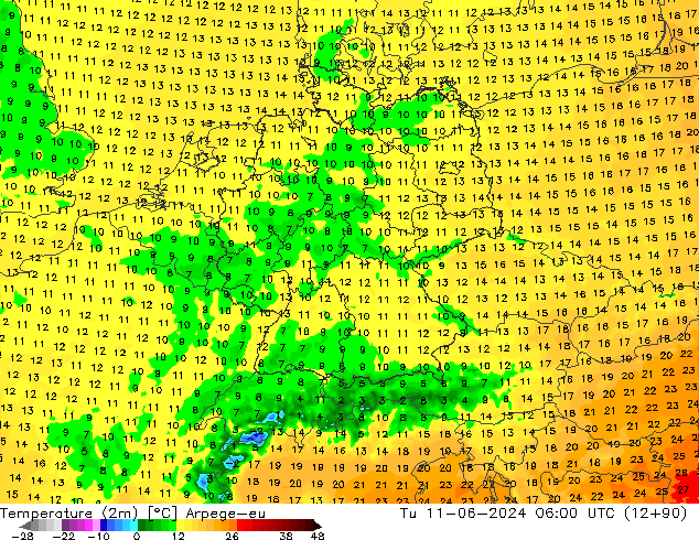 Temperature (2m) Arpege-eu Tu 11.06.2024 06 UTC