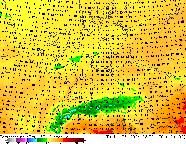 mapa temperatury (2m) Arpege-eu wto. 11.06.2024 18 UTC